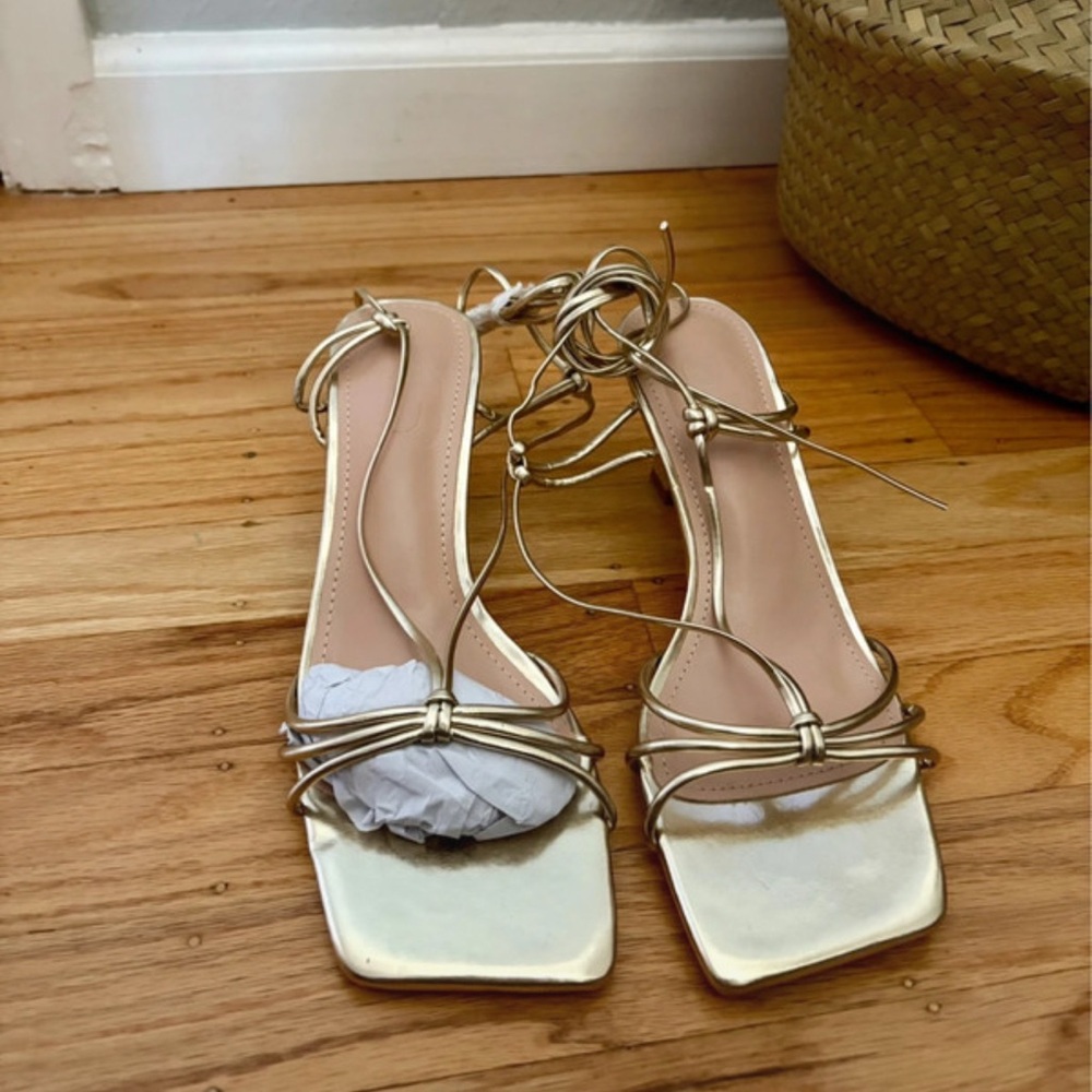 Gold Strappy Sandals with Geometric Block Heel